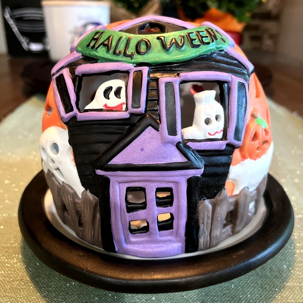 Halloween Tea Light Candle Dome Ghosts Pumpkins Bats Vintage 1999 Ceramic Spooky